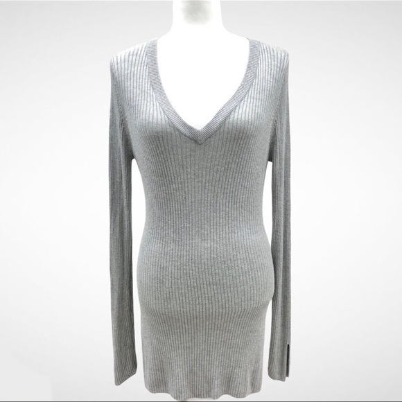John + Jenn Dresses & Skirts - John and Jenn V Neck Ribbed Sweater Dress Size Medium Gray Bodycon